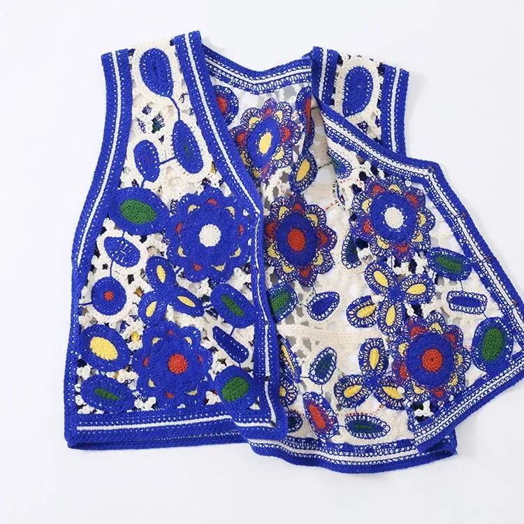 Wholesale blue floral crochet-look button vest for OEM and private label production 6