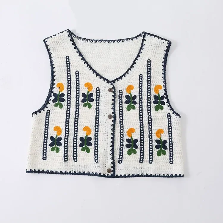 Wholesale ivory floral stripe crochet-look vest for OEM and private label production 2