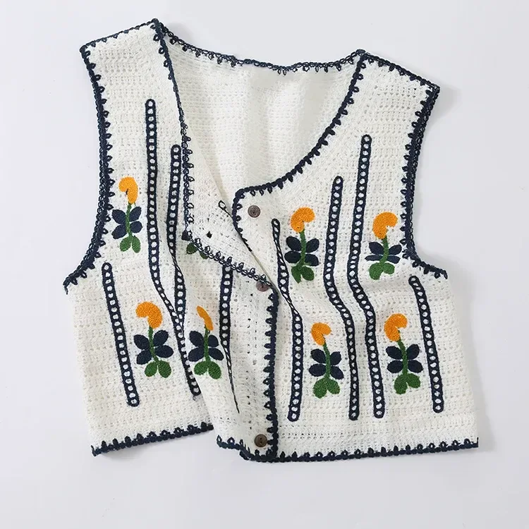 Wholesale ivory floral stripe crochet-look vest for OEM and private label production 6