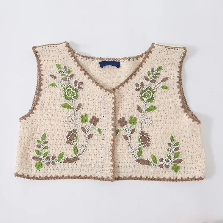 Wholesale ivory botanical embroidered crochet-look vest for OEM and private label production 2