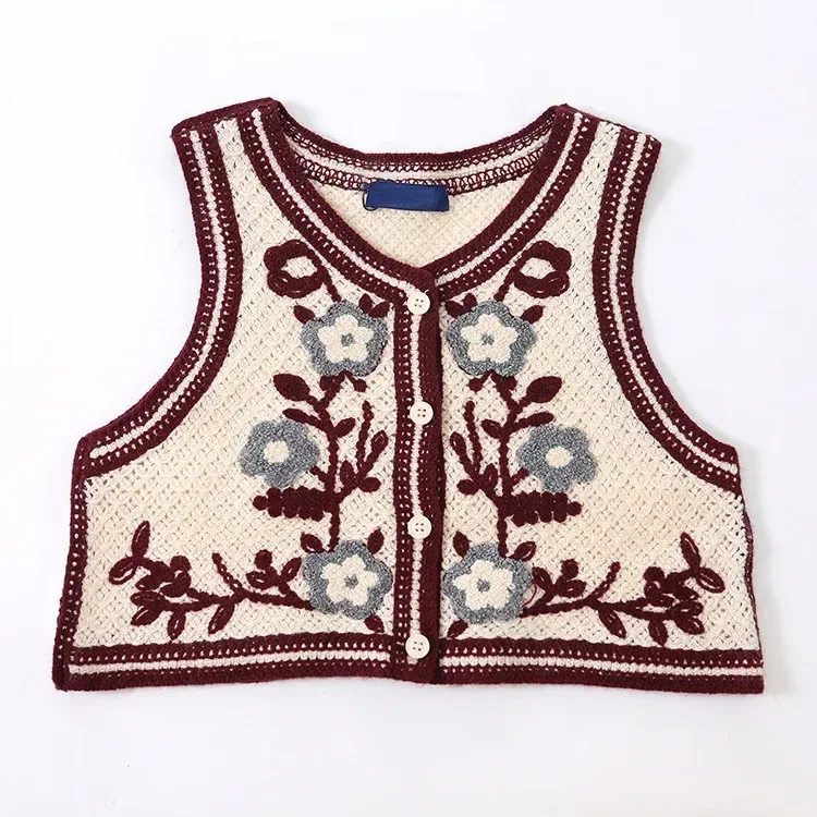 Wholesale Burgundy Floral Crochet-Look Button Vest alternate view