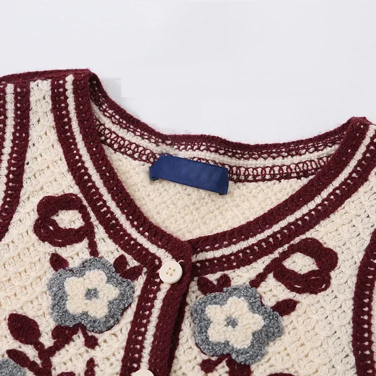 Wholesale burgundy floral crochet-look button vest for OEM and private label production 3