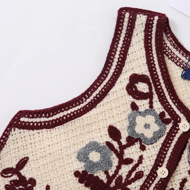 Wholesale burgundy floral crochet-look button vest for OEM and private label production 4