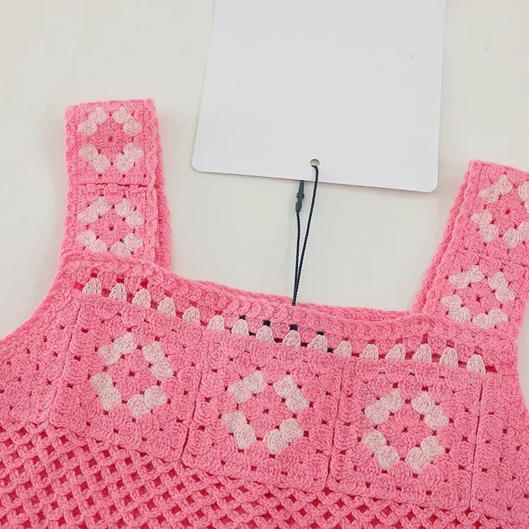 Wholesale pink crochet-look tank and shorts set for OEM and private label production 3
