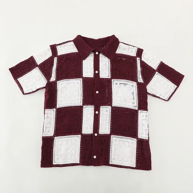 Wholesale Burgundy Patchwork Crochet-Look Shirt alternate view
