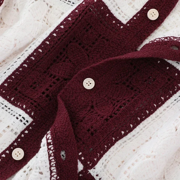 Wholesale burgundy patchwork crochet-look shirt for OEM and private label production 5