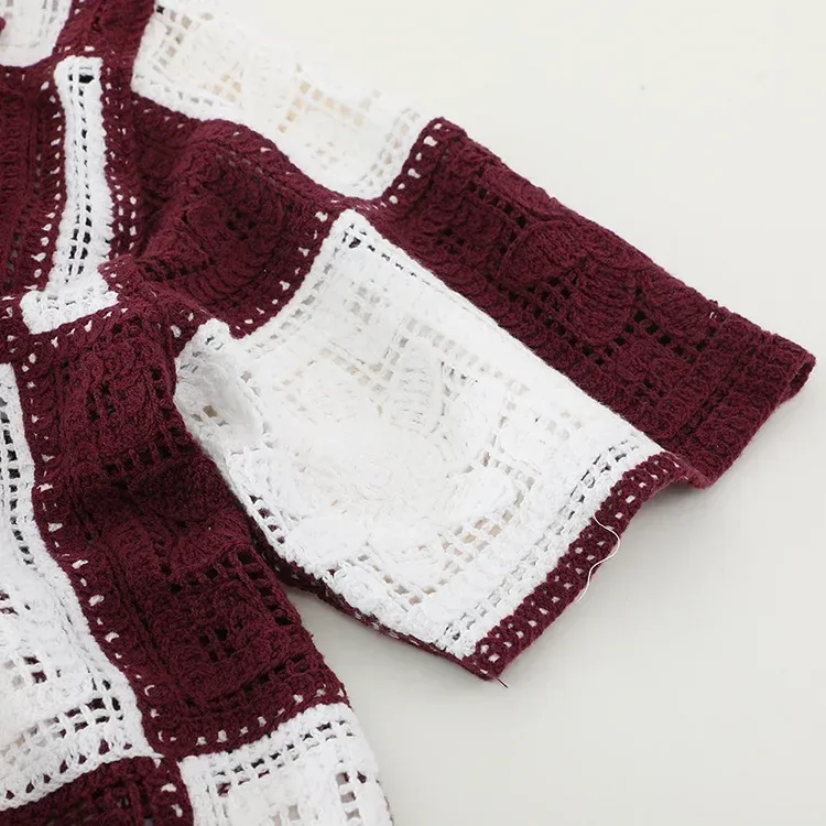 Wholesale burgundy patchwork crochet-look shirt for OEM and private label production 7
