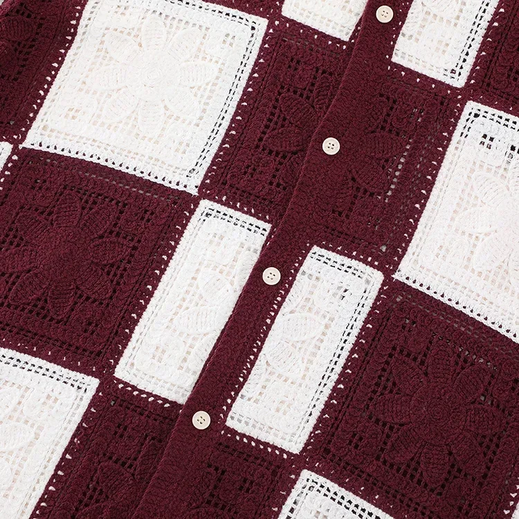 Wholesale burgundy patchwork crochet-look shirt for OEM and private label production 8