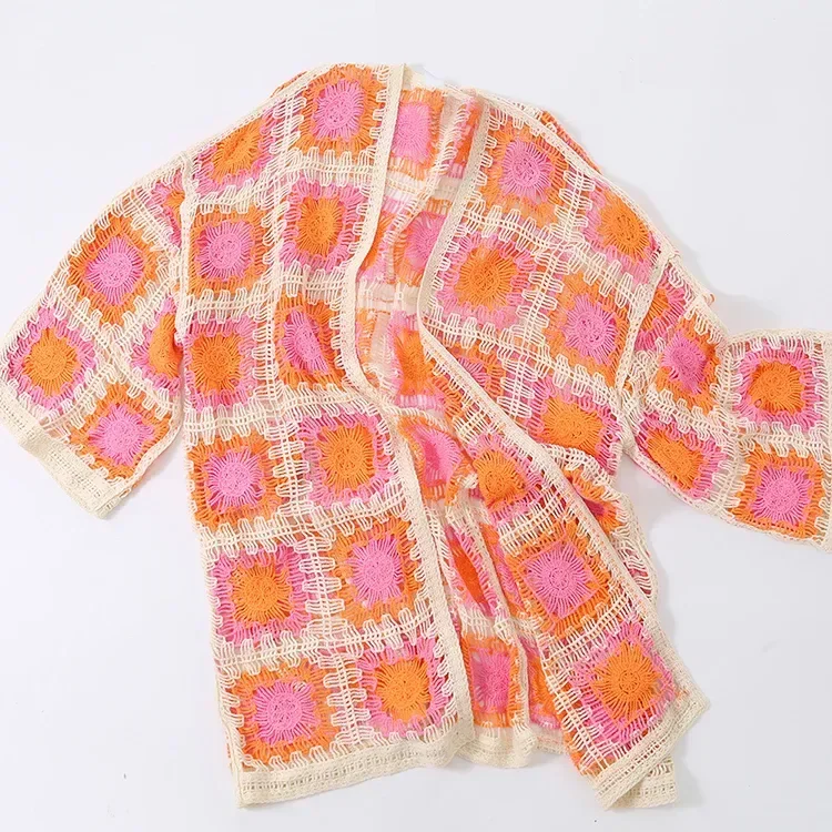 Wholesale orange pink patchwork crochet-look cardigan for OEM and private label production 7
