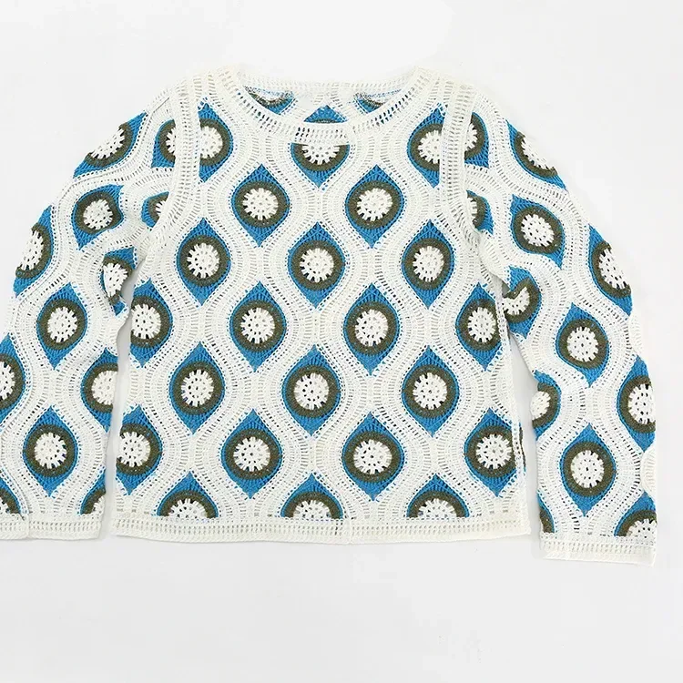 Wholesale blue geometric crochet-look sweater for OEM and private label production 2