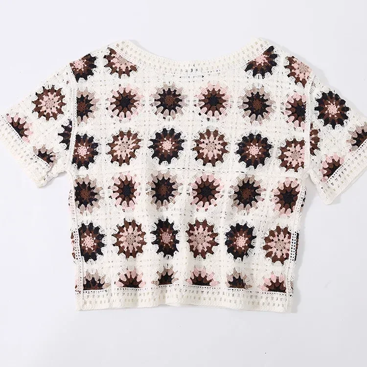 Wholesale brown floral crochet-look short sleeve top for OEM and private label production 8