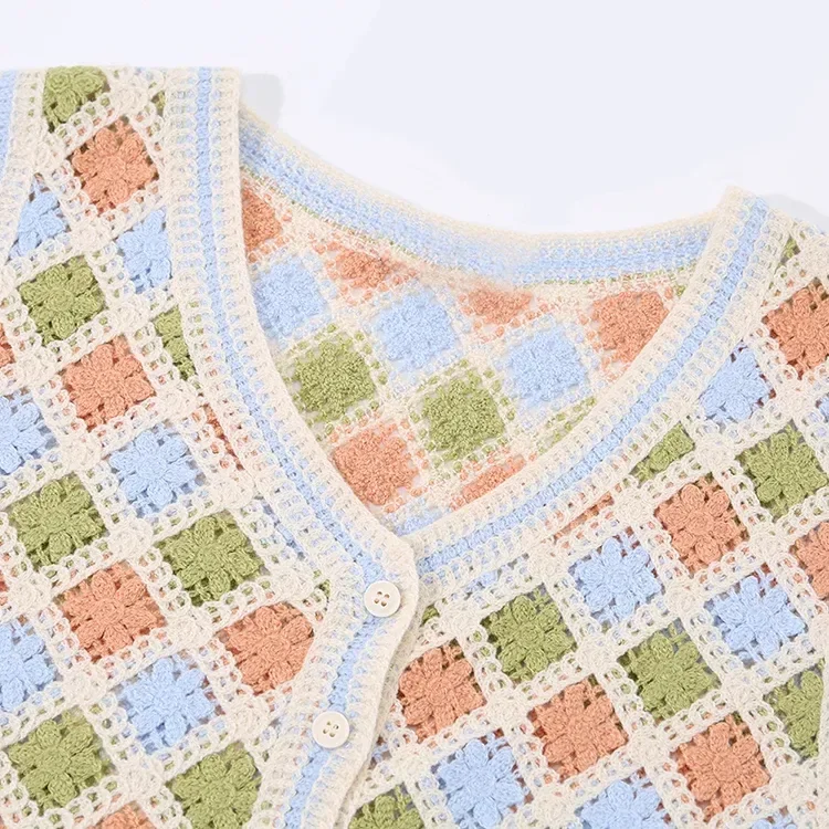 Wholesale pastel argyle crochet-look button vest for OEM and private label production 4