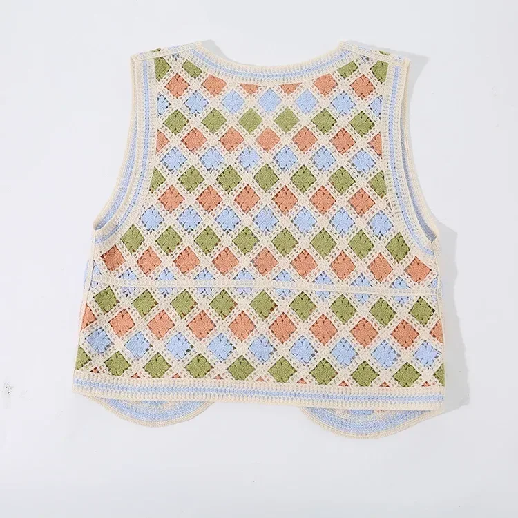 Wholesale pastel argyle crochet-look button vest for OEM and private label production 8