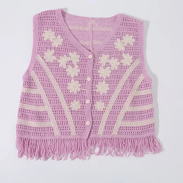 Wholesale Lilac Floral Fringe Crochet-Look Vest alternate view