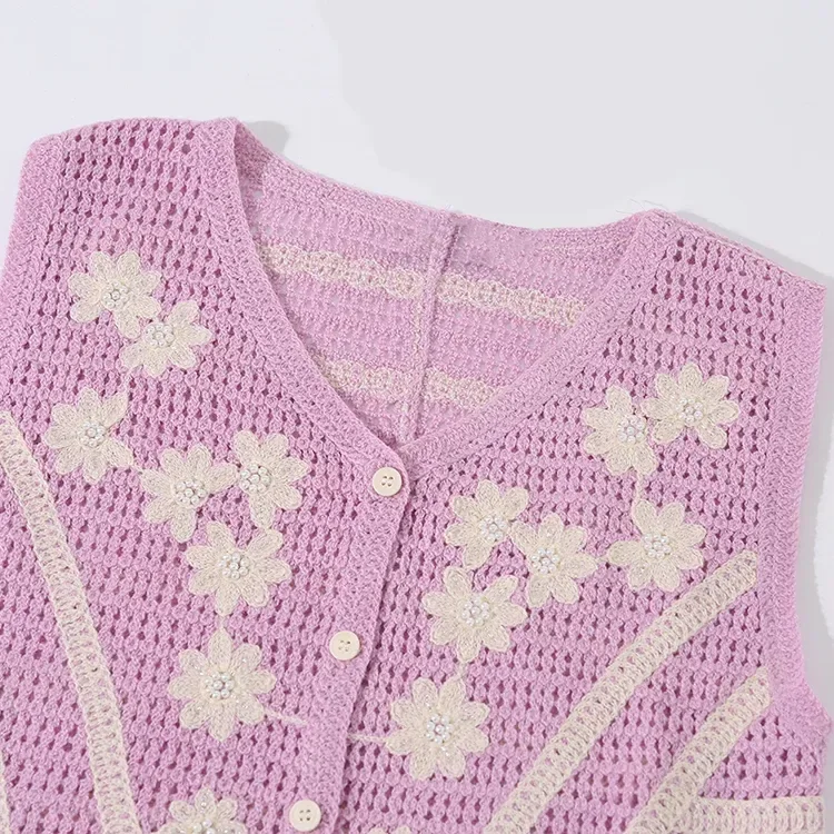 Wholesale lilac floral fringe crochet-look vest for OEM and private label production 3