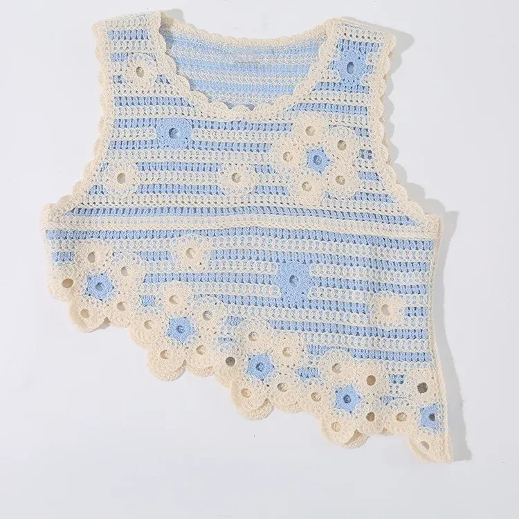 Wholesale blue stripe asymmetric crochet-look tank for OEM and private label production 2
