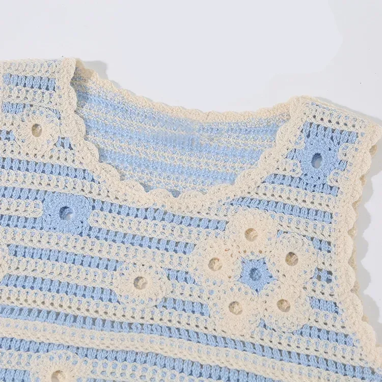 Wholesale blue stripe asymmetric crochet-look tank for OEM and private label production 5