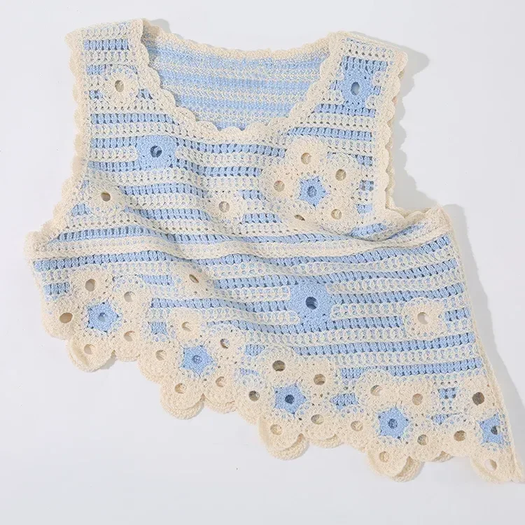 Wholesale blue stripe asymmetric crochet-look tank for OEM and private label production 7