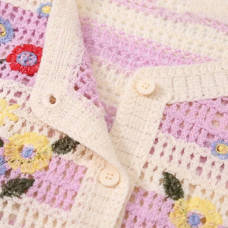 Wholesale Pink Floral Crochet-Look Short Sleeve Cardigan alternate view