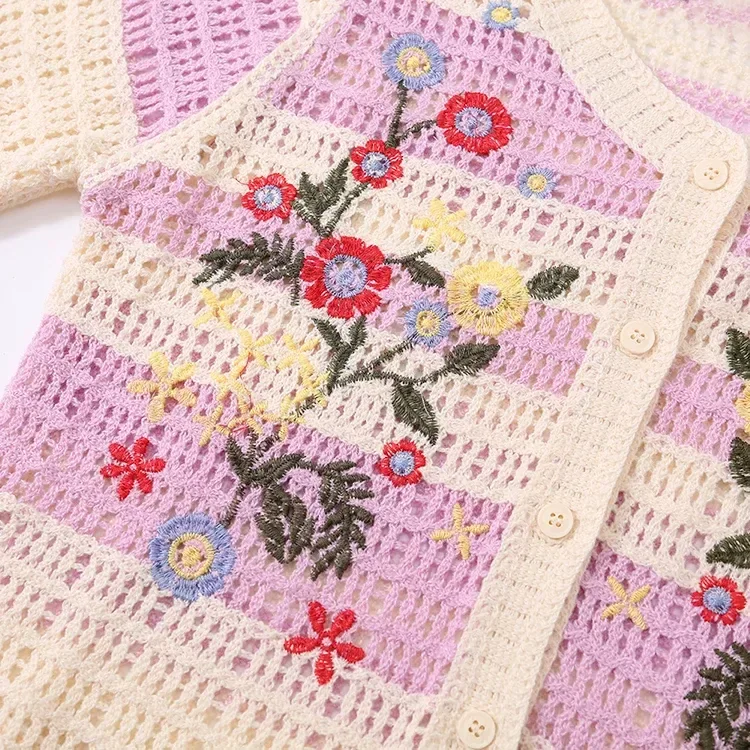 Wholesale pink floral crochet-look short sleeve cardigan for OEM and private label production 5