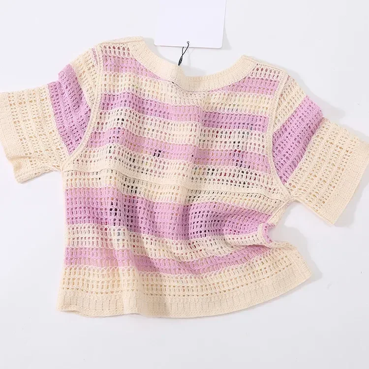 Wholesale pink floral crochet-look short sleeve cardigan for OEM and private label production 7