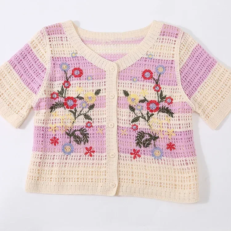 Wholesale pink floral crochet-look short sleeve cardigan for OEM and private label production 2