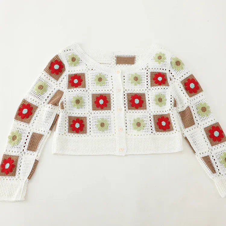 Wholesale red green granny square crochet-look cardigan for OEM and private label production 2