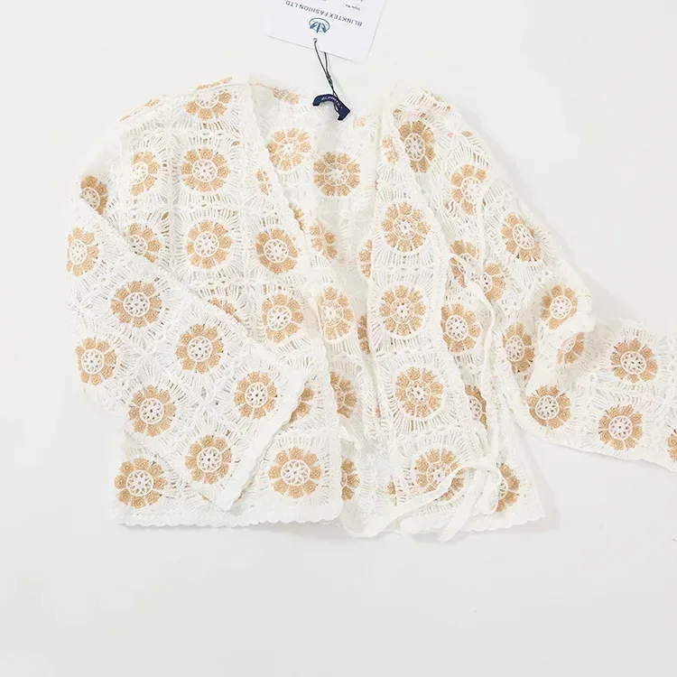 Wholesale ivory neutral floral crochet-look cardigan for OEM and private label production 8