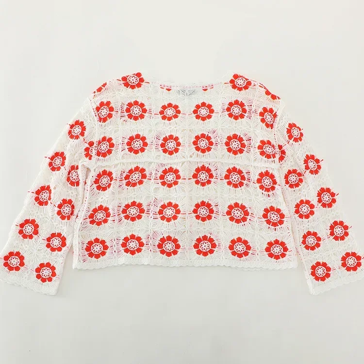 Wholesale red floral crochet-look cardigan for OEM and private label production 2