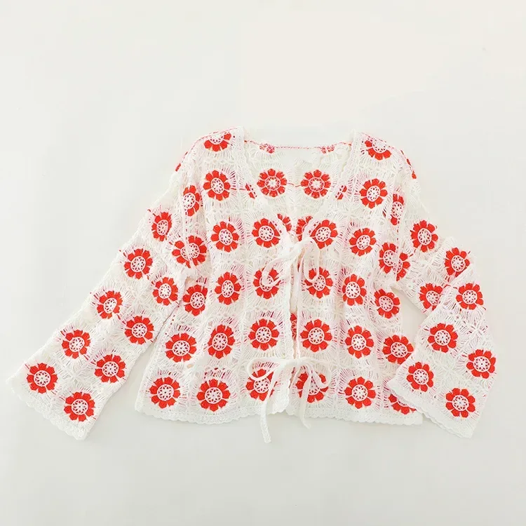 Wholesale red floral crochet-look cardigan for OEM and private label production 5