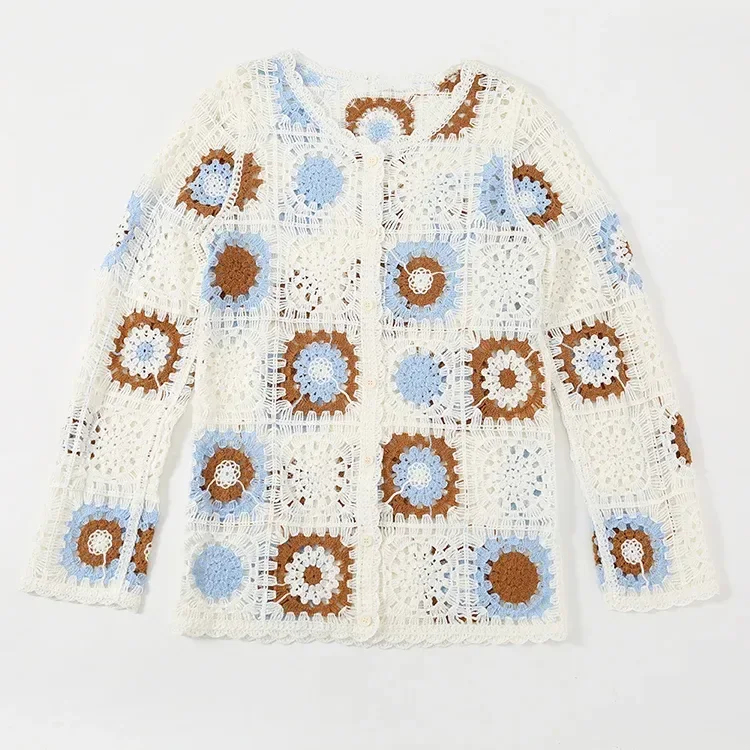 Wholesale blue brown granny square crochet-look cardigan for OEM and private label production 2