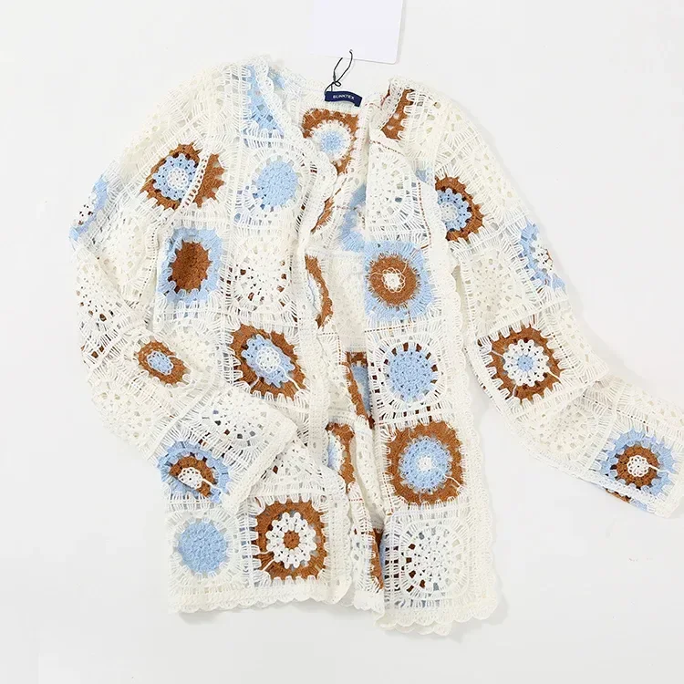 Wholesale blue brown granny square crochet-look cardigan for OEM and private label production 5
