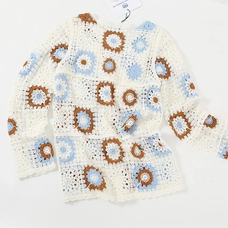 Wholesale blue brown granny square crochet-look cardigan for OEM and private label production 7