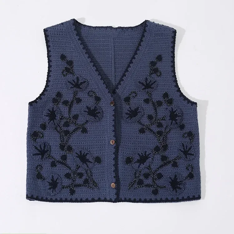 Wholesale Navy Floral Crochet-Look Button Vest alternate view