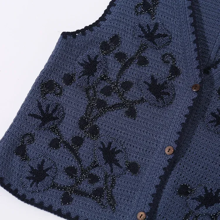 Wholesale navy floral crochet-look button vest for OEM and private label production 4