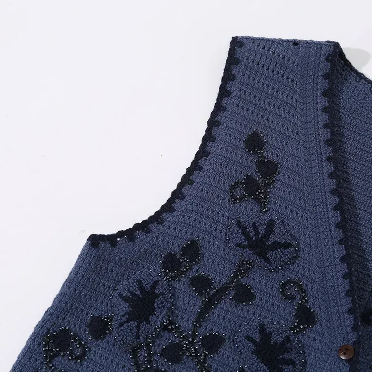 Wholesale navy floral crochet-look button vest for OEM and private label production 5