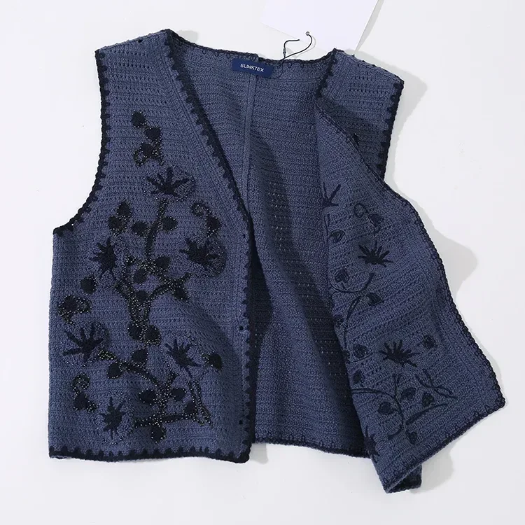 Wholesale navy floral crochet-look button vest for OEM and private label production 7