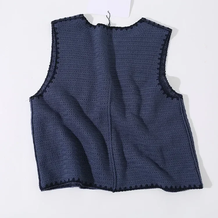 Wholesale navy floral crochet-look button vest for OEM and private label production 8