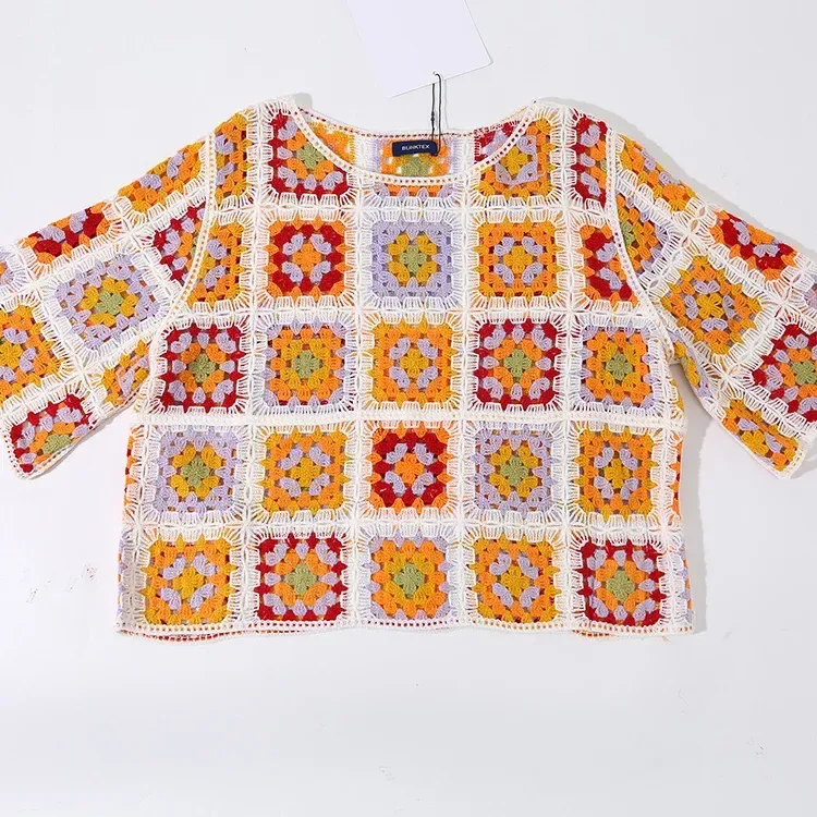 Wholesale Rust Multicolor Patchwork Crochet-Look Top alternate view