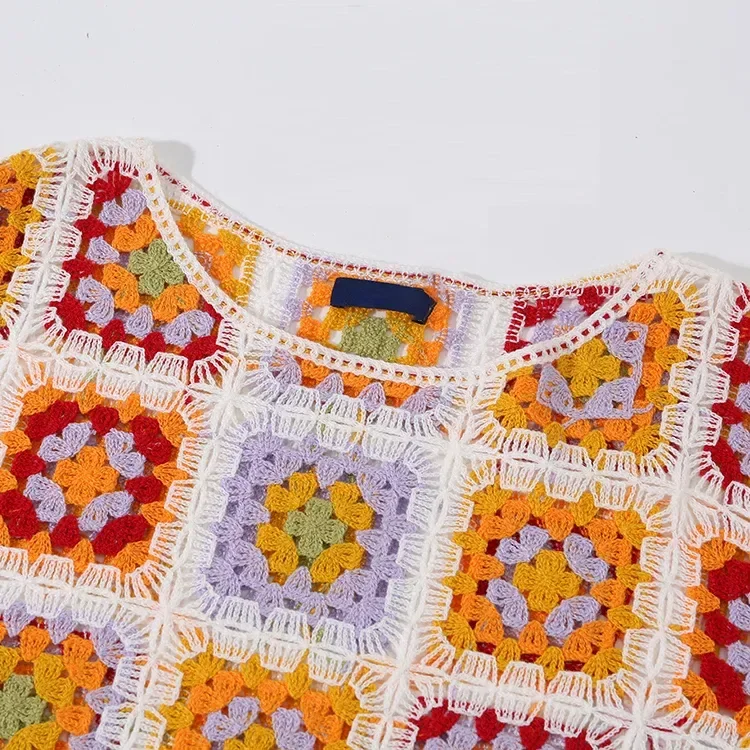 Wholesale rust multicolor patchwork crochet-look top for OEM and private label production 4