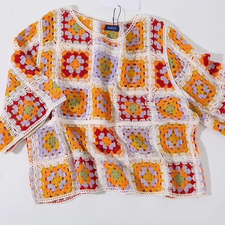 Wholesale rust multicolor patchwork crochet-look top for OEM and private label production 7