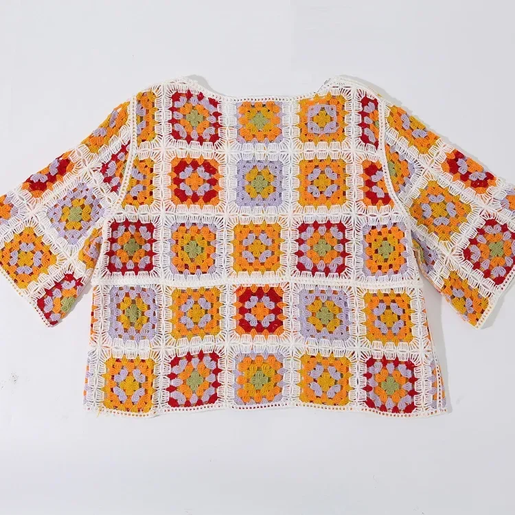 Wholesale rust multicolor patchwork crochet-look top for OEM and private label production 3