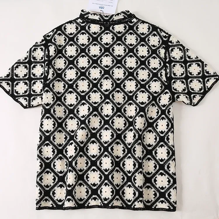 Wholesale black white geometric crochet-look shirt for OEM and private label production 3