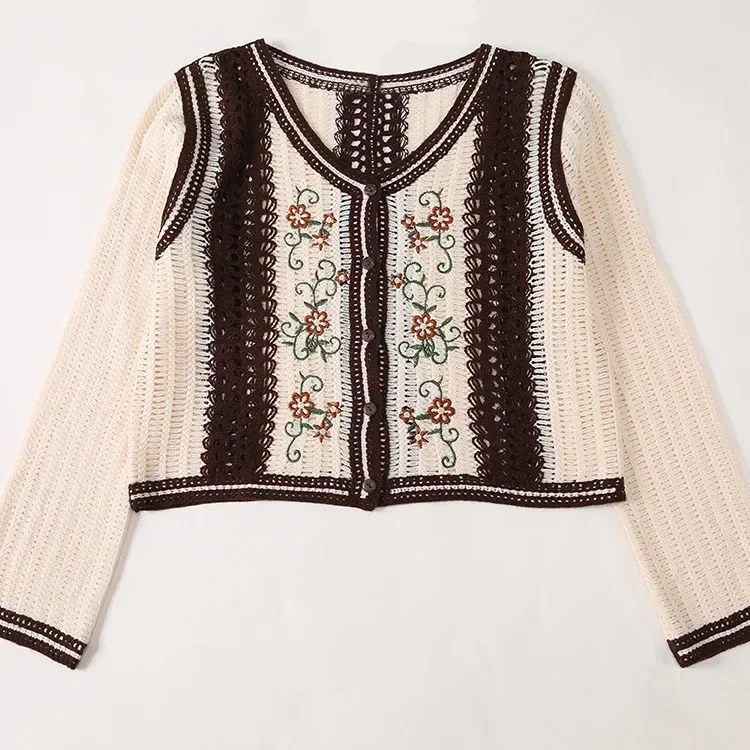Wholesale ivory burgundy embroidered crochet-look cardigan for OEM and private label production 3
