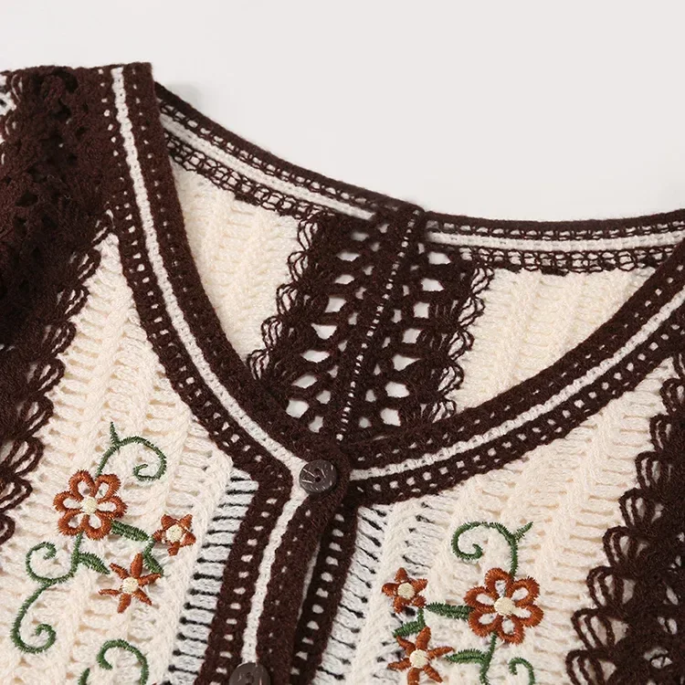 Wholesale ivory burgundy embroidered crochet-look cardigan for OEM and private label production 4