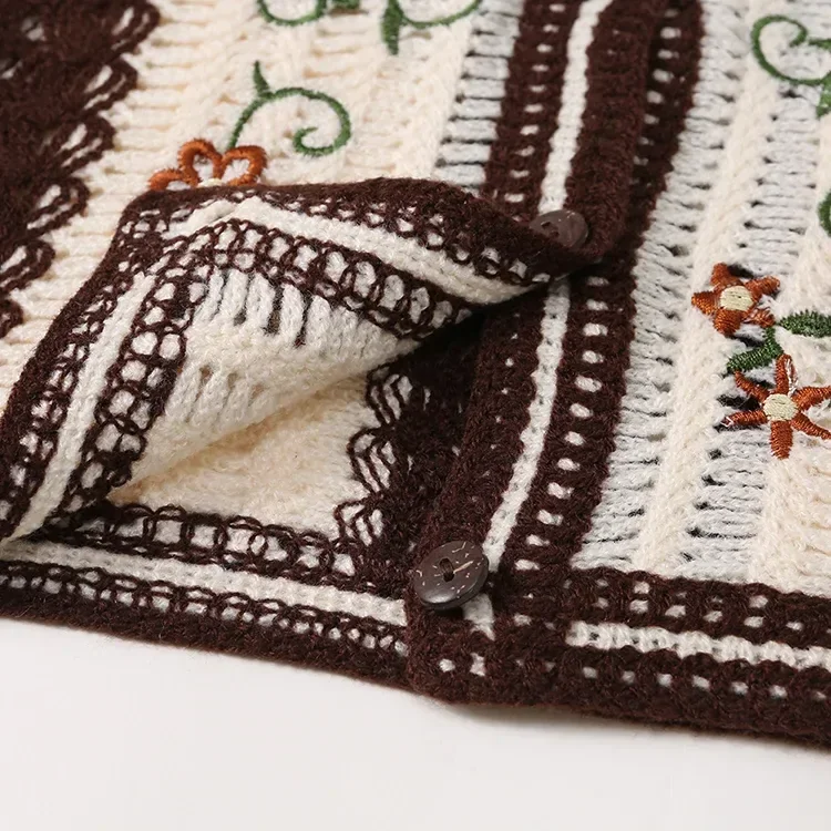 Wholesale ivory burgundy embroidered crochet-look cardigan for OEM and private label production 6