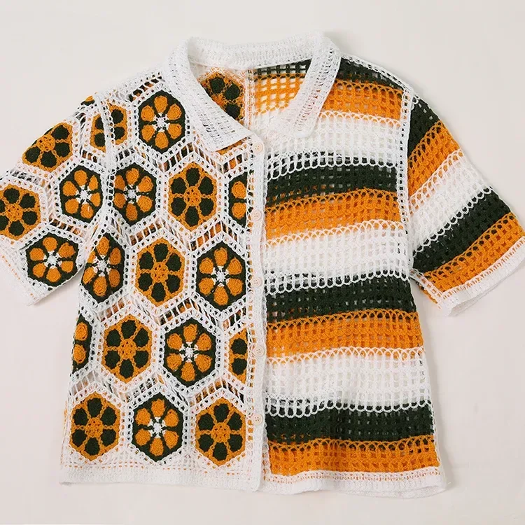 Wholesale Orange Geometric Crochet-Look Polo Top alternate view
