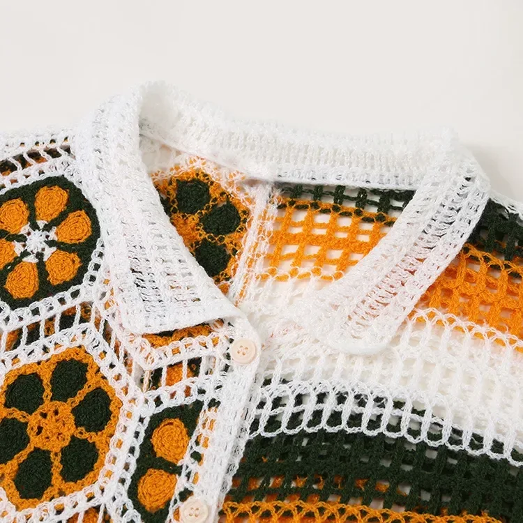 Wholesale orange geometric crochet-look polo top for OEM and private label production 3