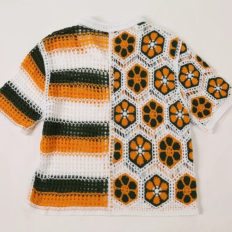 Wholesale orange geometric crochet-look polo top for OEM and private label production 6