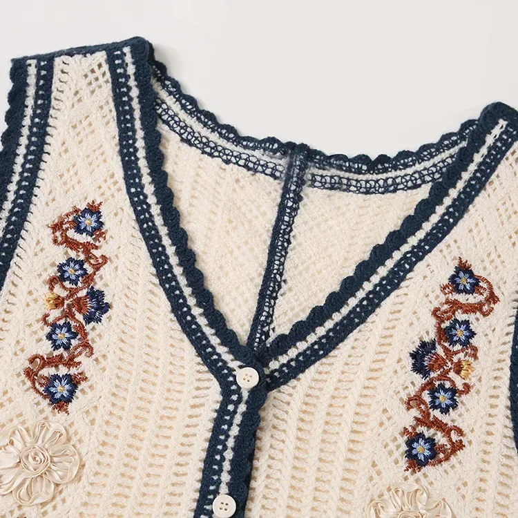 Wholesale ivory navy botanical crochet-look vest for OEM and private label production 3